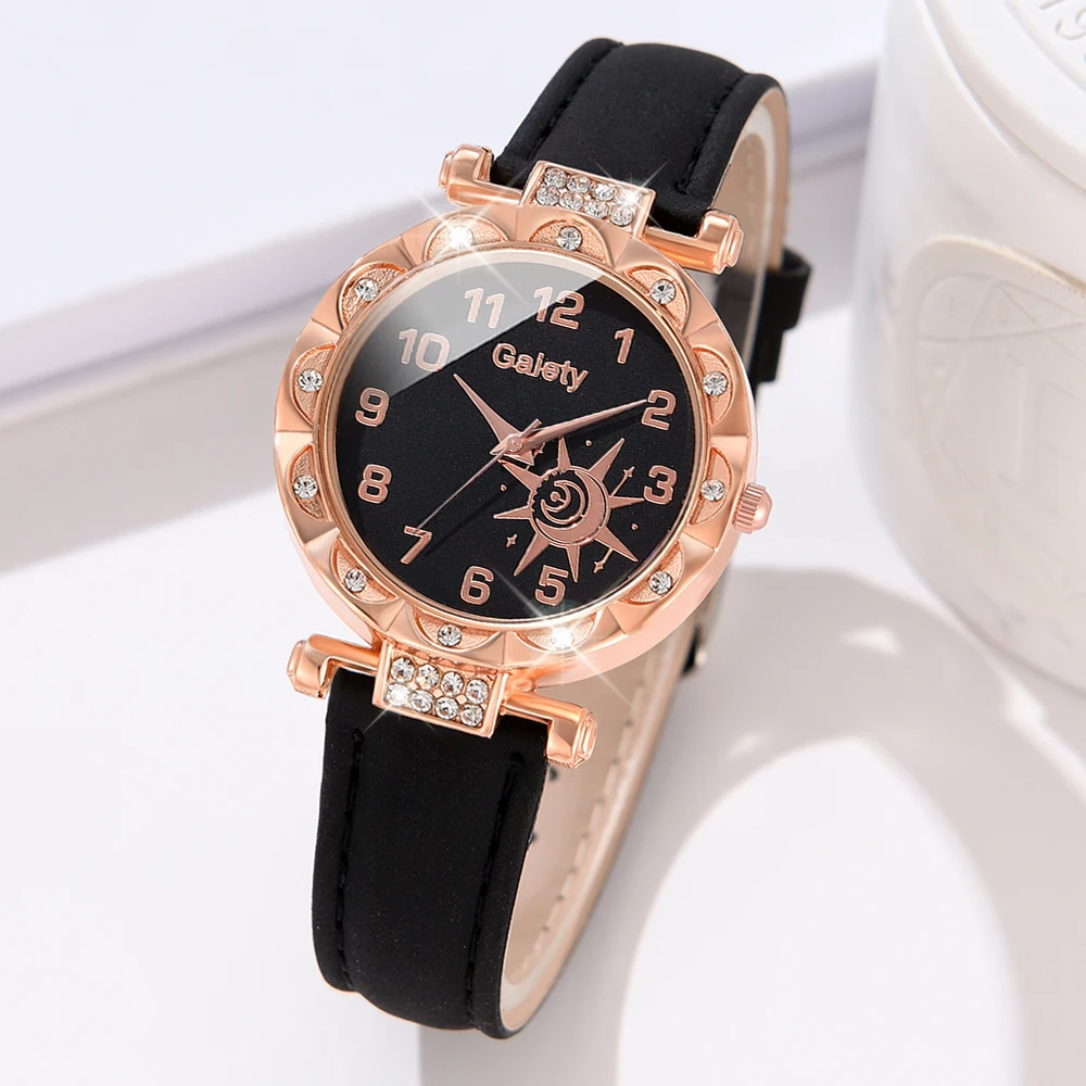 1PCS Simple Luxury Sun Element Leather Strap Watch Black Casual Fashion Quartz Watch Is The Perfect Gift For Her (No Box)