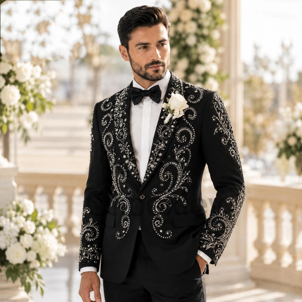 Olibexley Luxury Black 2 Pieces Men's Suits Single Breasted Groom Wedding Slim Fit Crystal Beaded Diamond Tuxedo Customized S244