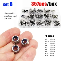 357/200/162pcs Mix M2 to M12 Set Kit DIN985 304 A2 Stainless Steel Hexagon Nylon Insert Lock Nut Hex Self Locking Nylock Locknut