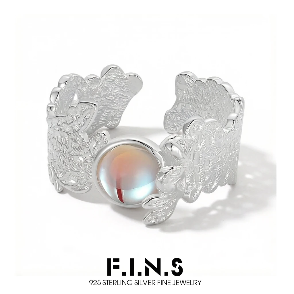 

F.I.N.S Original Lace Texture Moon Stone S925 Sterling Silver Ring Elegant Luxury Open Adjustable Wide Finger Band Fine Jewelry