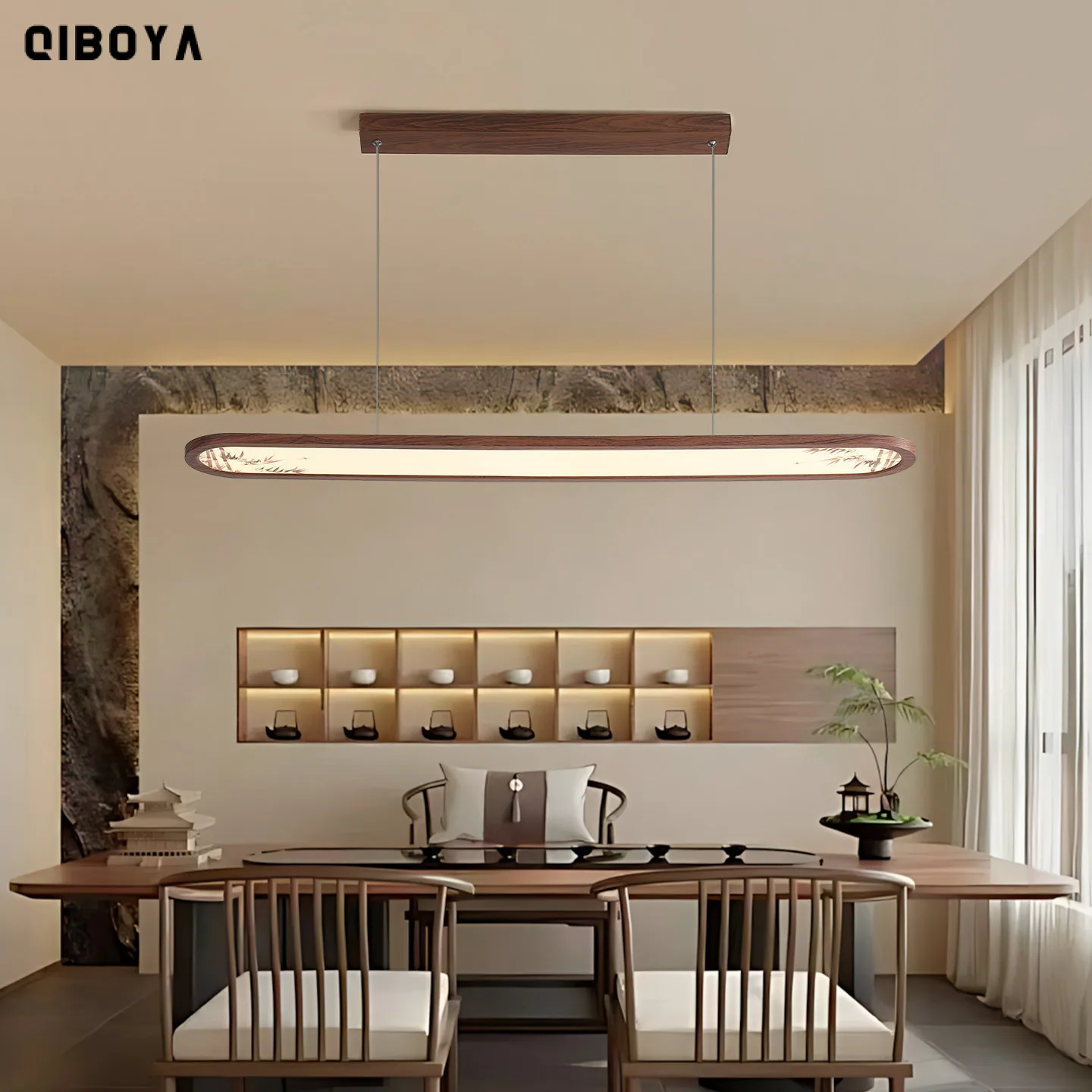 Retro Led Restaurant Chandelier Walnut Bar Counter Dining Table One-word Long Chandelier Simple Modern Home Indoor Lighting Lamp
