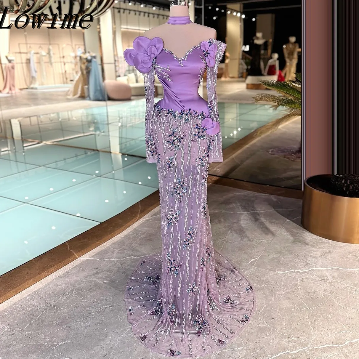 Floria 3D 꽃 디자인 오뜨 꾸뛰르 럭셔리 보라색 새틴 구슬 인어 댄스 파티 드레스 크리스탈 Tulle 맞춤형 연예인 드레스