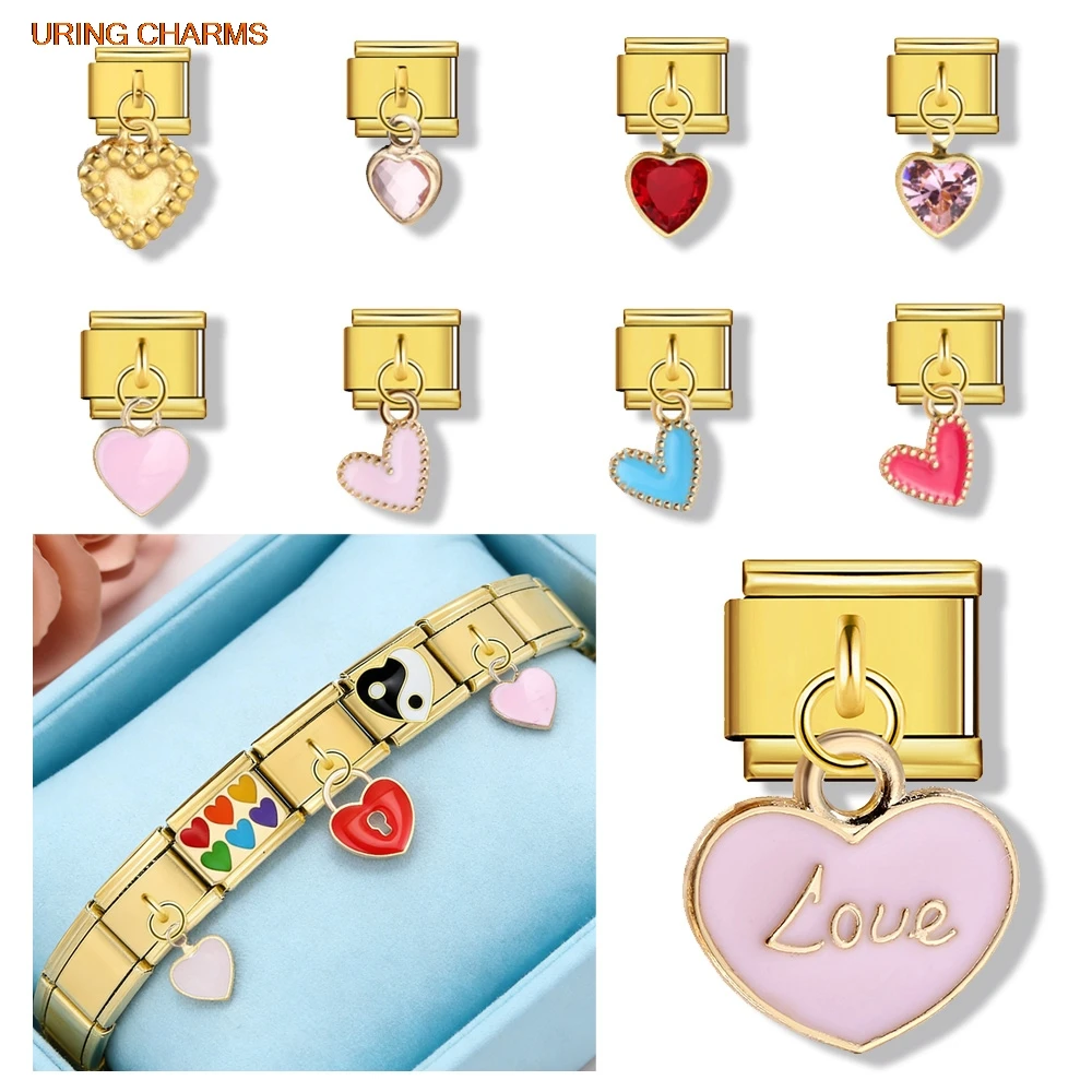 URING Elastic Charm Gold Color Pendant Love Hearts Italian Stainless Steel Link Fit 9mm Bracelets Making Jewelry DIY Couple Gift