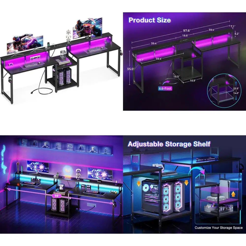 

Long 98 Double Gaming Desk for Two with Storage, USB Charging & LED Lighting