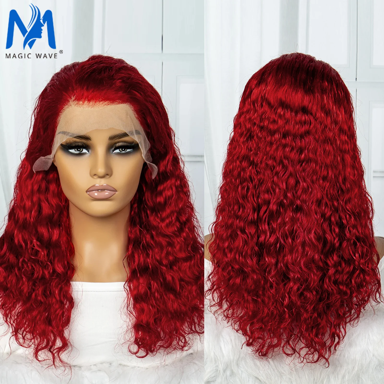 250% Density Red Colored Water Wave Human Hair for Women 13x4 Lace Frontal 20 Inches Deep Curly Brazilian Remy Human Hair Wigs