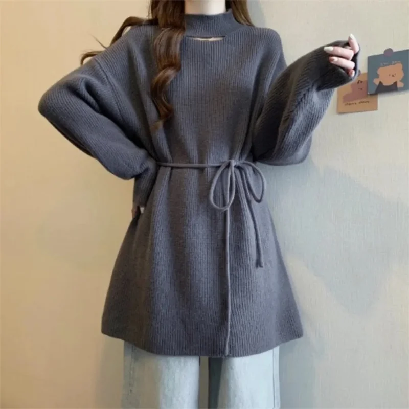 Autumn Femme Fashion Sweater Vestidos Korean Women Long Sleeves Knit Long Dresses Spring Lady Half High Collar Knitted Maxi Dres