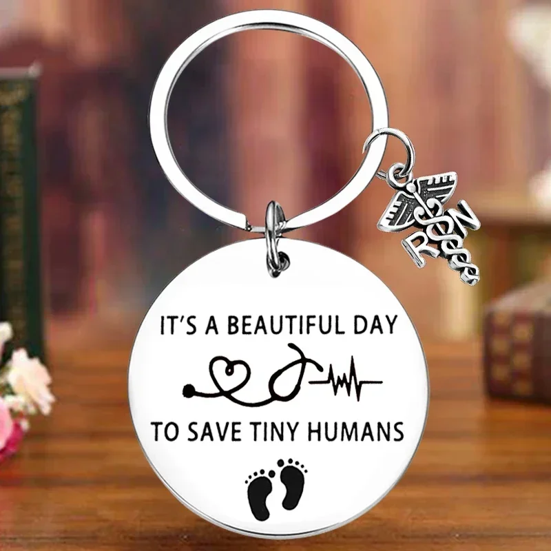 Metal Nurse Keychain Midwife Baby Footprints Key Chain Pendant It’s Beautiful Day to Save Tiny Humans