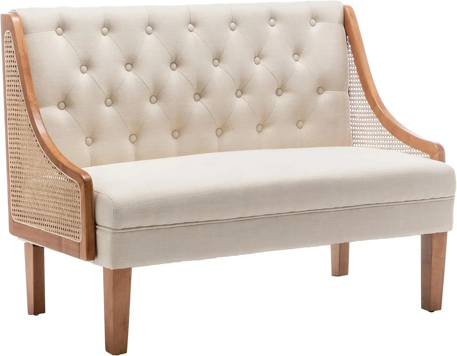 أريكة حديثة مع أريكة صغيرة بمقعدين من الخيزران لتناول الطعام في المطبخ وغرفة المعيشة