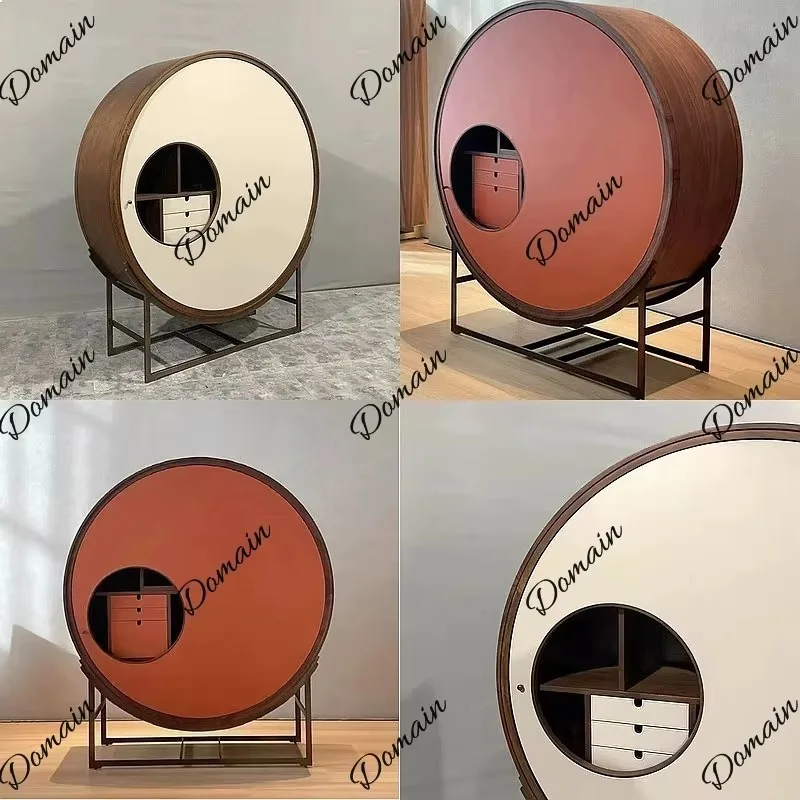 Italian Rotating Arc Wine Cabinet Wooden Entryway Storage Creative Drum Shape Art Shelving Unit