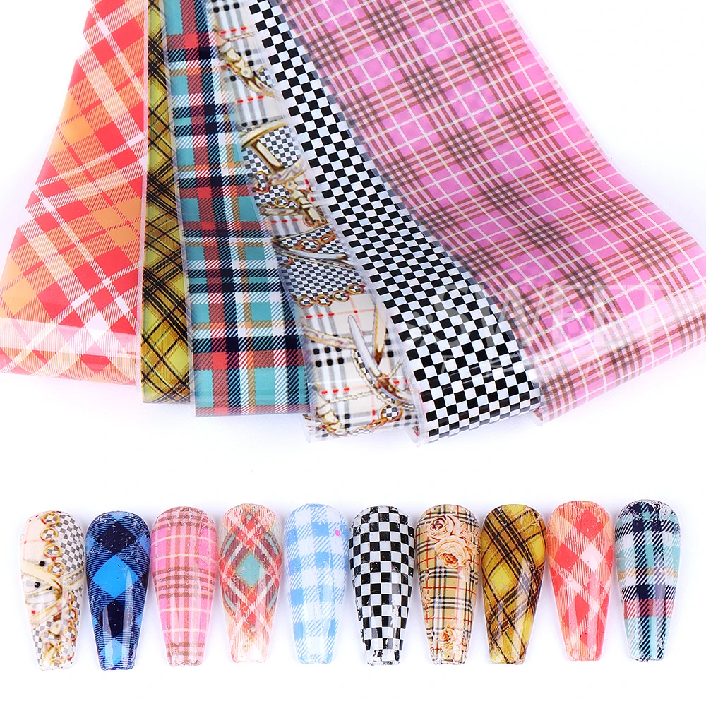 10PCS Plaid Nail art Folie Transfer Papier Schwarz Weiß Grid Tier Plaid Print Muster Nagel Aufkleber Maniküre Aufkleber Dekorationen