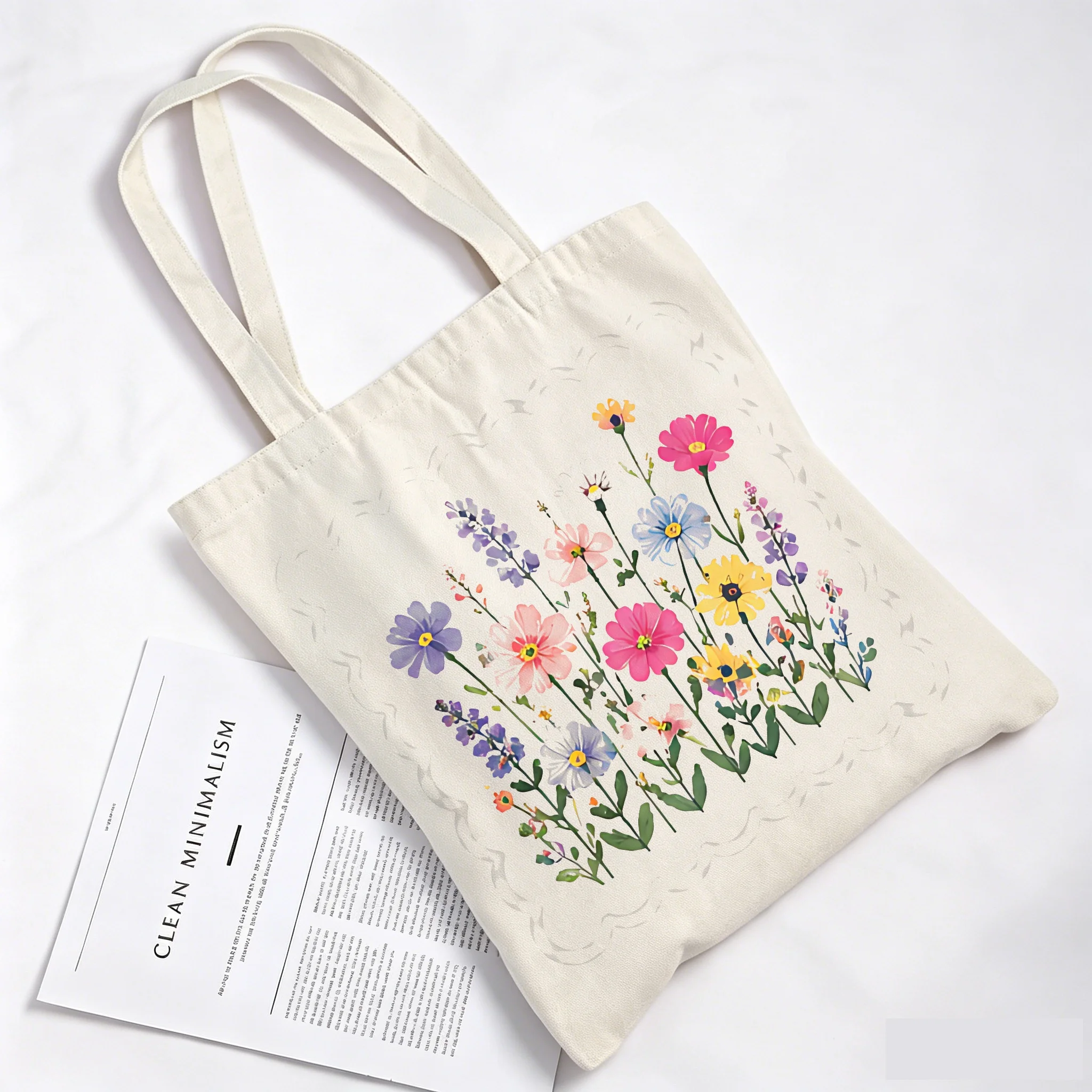 Pastel Wildflower Bouquet 2 Cotton Grocery Bag Durable Tote Bag with Shoulder Strap Large for Party Lightweight Washable Flat Bo