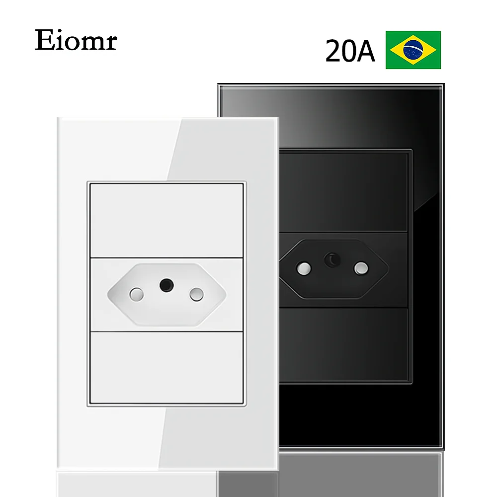 Eiomr 20A Brazil Wall Socket Tempered Glass Panel 118mm*75mm One Position Jack Brazilian Single Socket for Home Office Kitchen