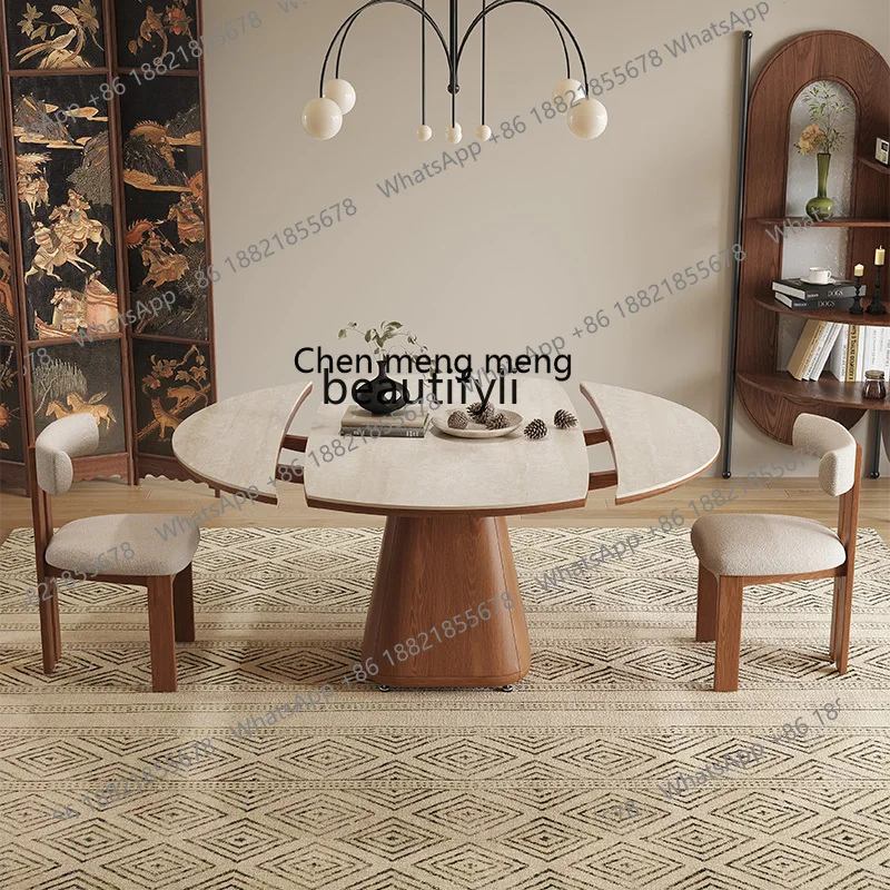z183  French rock slab retractable dining table with built-in turntable induction cooker household square table