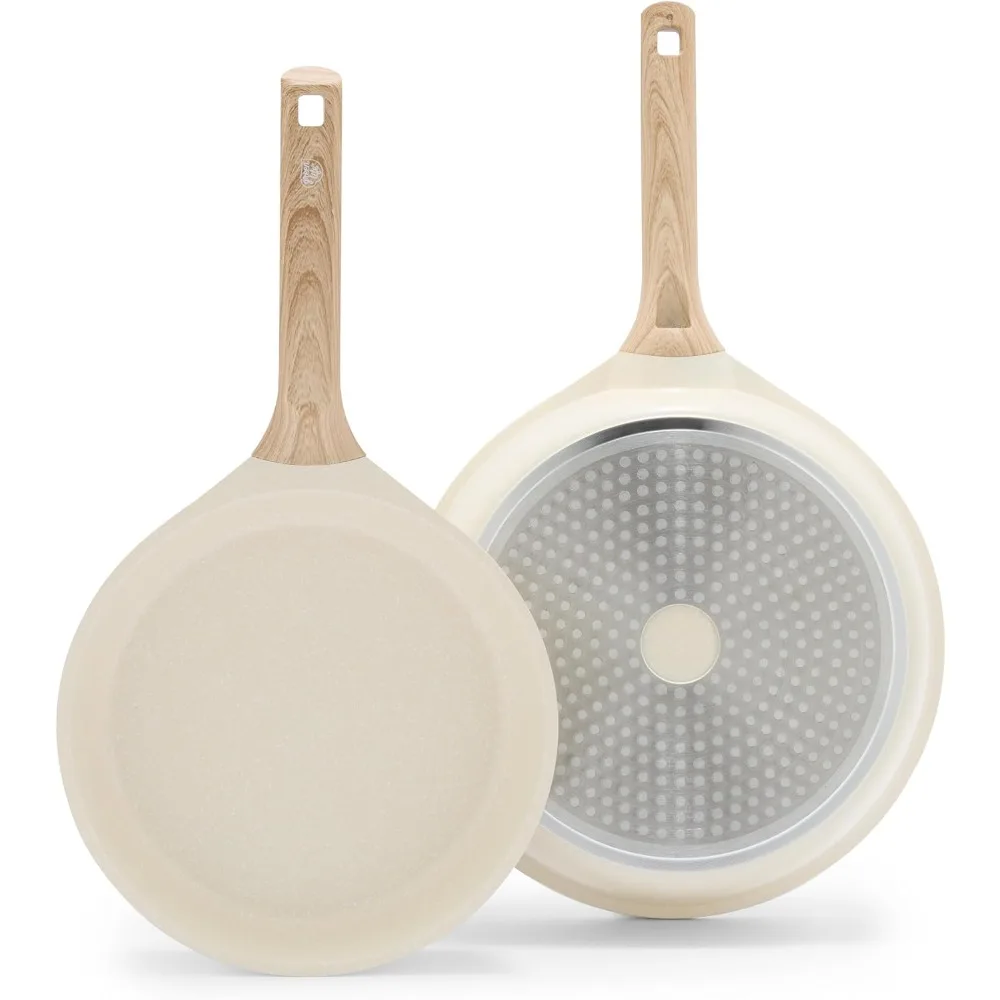 

2 Piece Frying Pan Set, 9.5" & 11" Skillets Ceramic PFAS-Free Nontoxic, Induction Suitable, Wood Print Handles,Stay-Cool Handles