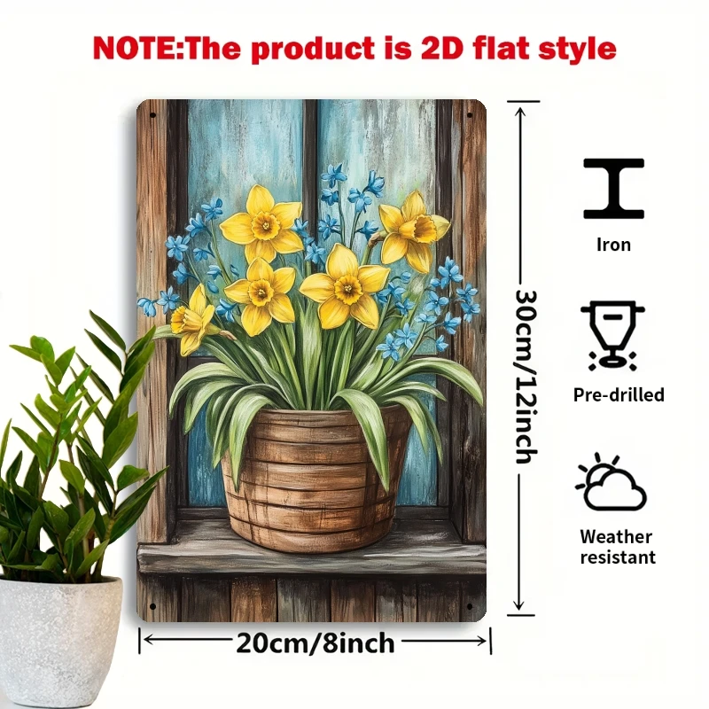 Vintage Daffodils Blue Floral Metal Sign, 8x12 Inch Retro Decorative Plaque for Home, Farmhouse or Garden Wall Art