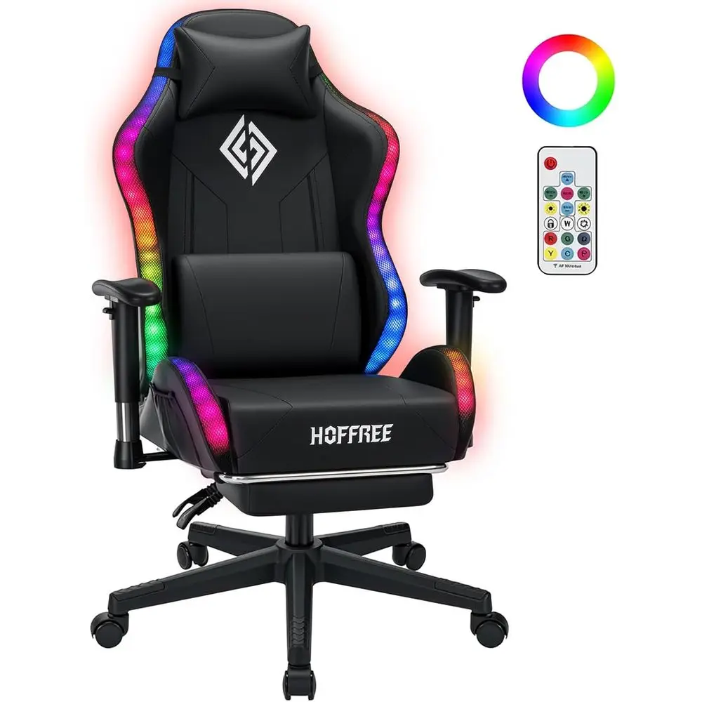 

RGB-Illuminated Gaming Chair for Kids and Teens: Reclining, Lumbar Support, Footrest - Black