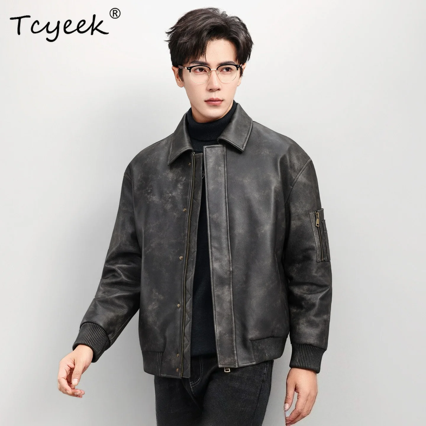 Tcyeek Real Goatskin Jacket Retro Removable Down Liner Leather Jacket Men Lapel Short Autumn Mens Jacket 2026 Jaqueta Masculina