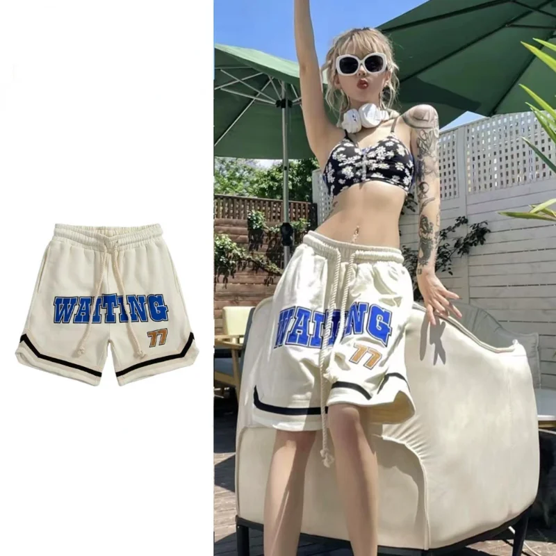 Hikigawa Chic Moda Feminina High Street American Embroidery Shorts Verão Streetwear Perna Larga Drawstring Basketball Pants Mujer