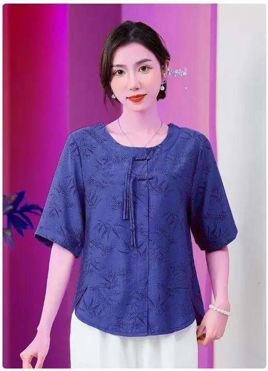 

Chinese style Middle sleeve summer mum shirt women frog shirt summer loose fit shirt printing shirt top