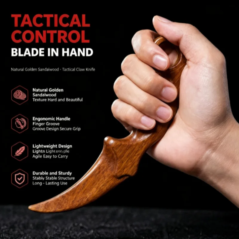 Sandalwood Karambit Claw Knife Crafts Solid Wood Martial Karambit Model Replica for Arts Practice and Performance Training