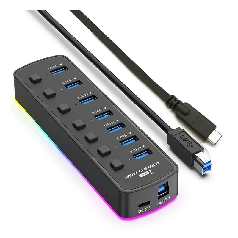 

Type-C3.0 RGB Hub 7 Ports Data Port Adapter 5Gbps For Laptop PC For Computer Gaming Individual On/Off Switch Splitter
