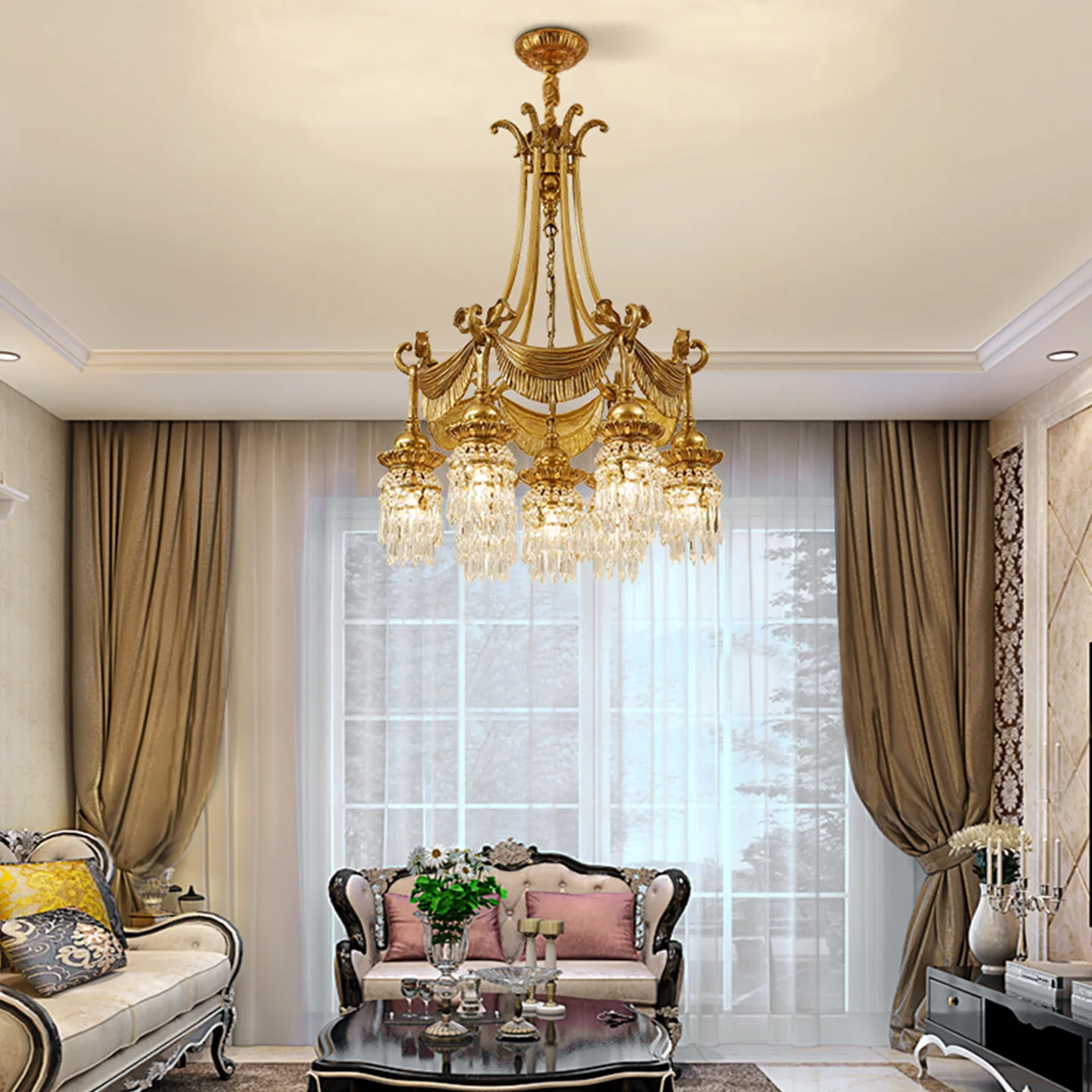 French Neo Classic Crystal Decor Living Room Dining Room Brass Chandelier Villa Apartment Hall Luxury Pendant Lamp