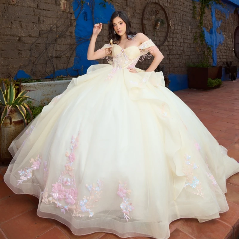 

Light Champagne Shiny Quinceanera Dresses Ball Gown Off The Shoulder Sequin Applique Lace Beading Crystal Bow Corset Party
