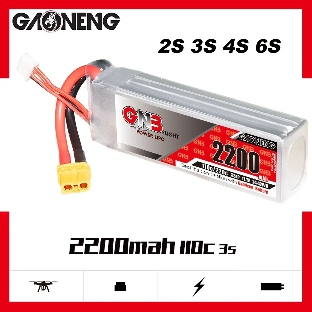 

Аккумулятор GAONENG GNB 2200 мАч 110C 2S-7,4 V 3S-11,1 V 4S-14,8 V 6S-22,2 V Lipo с разъемом XT60 для радиоуправляемых вертолетов FPV дронов