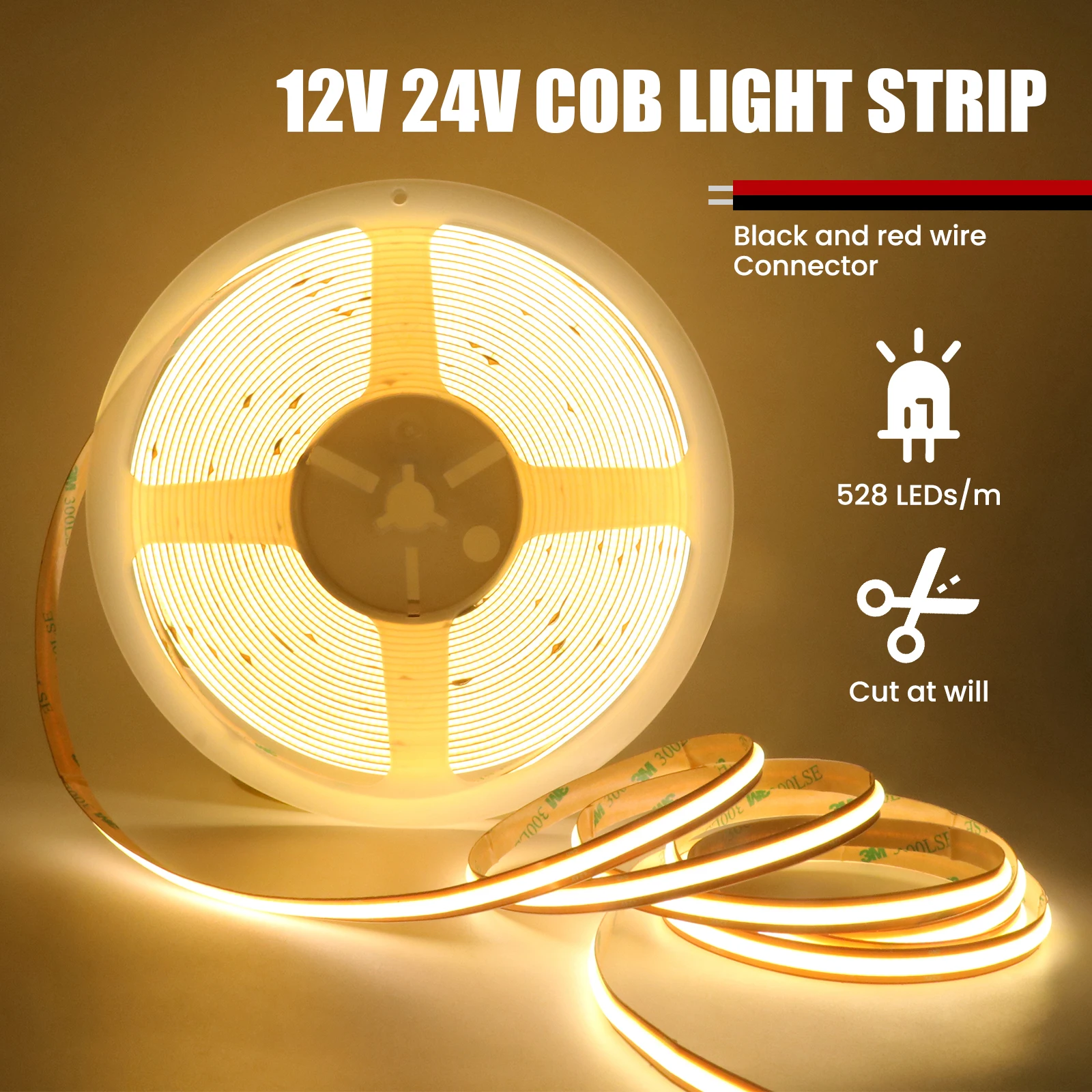 DC12V 24V COB LED Strip Lights 8mm Width 528LEDs/M High Density Flexible LED Tape Ribbon 3000K 4000K 6000K Kitchen Room Decor