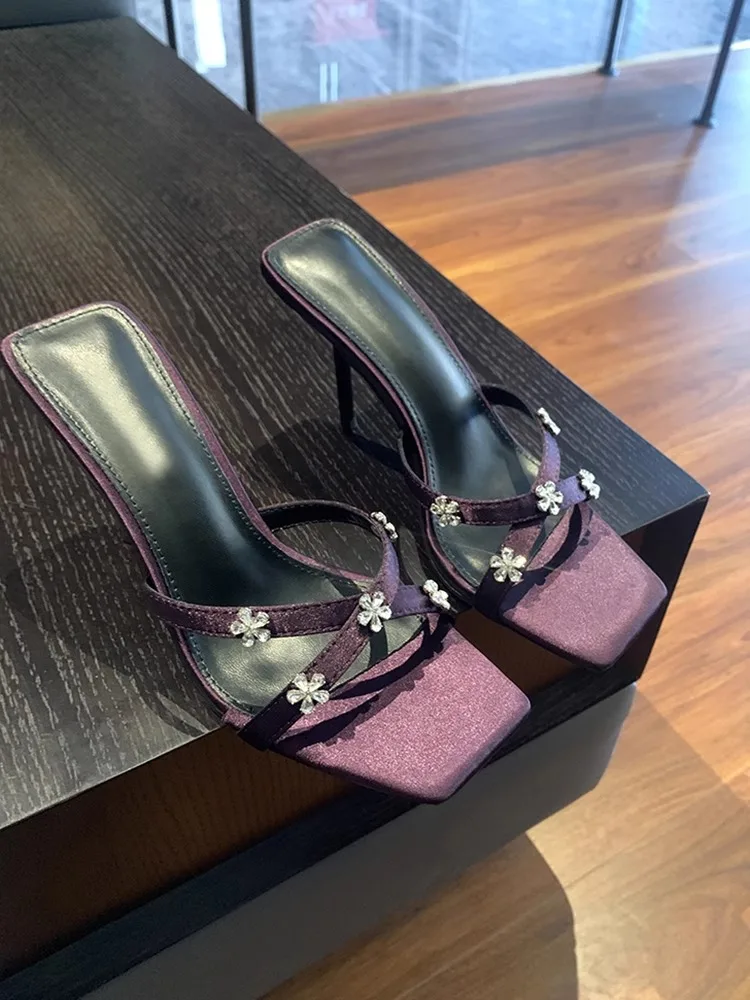 

Rhinestone Stiletto Square-Toed High-Heeled Sandals Purple Fashion Satin Slippers Slip-On Women Shoes Sandalias Mujer Verano