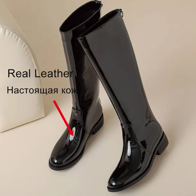 JOZHAMTA Size 34-43 Women Knight Boots Knee High Patent Real Leather Thick Mid Heels Fall Winter Shoes Wide Calf Long Tall Boots