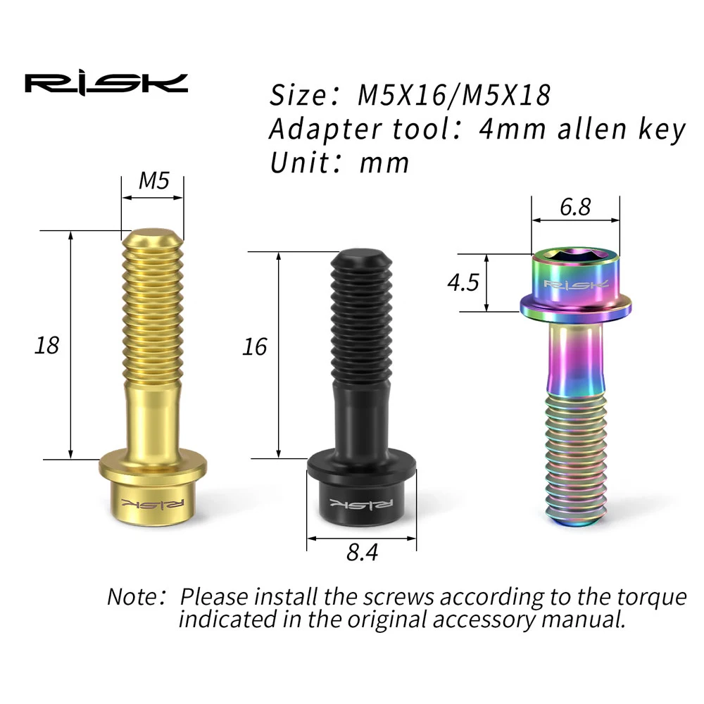 Risk M5 Bike Stem Bolts, Titanium Alloy Stem Screws, Utralight MTB Road Bicycle Handlebar Bolt, M5x16mm, M5x18mm, 6pcs Screw