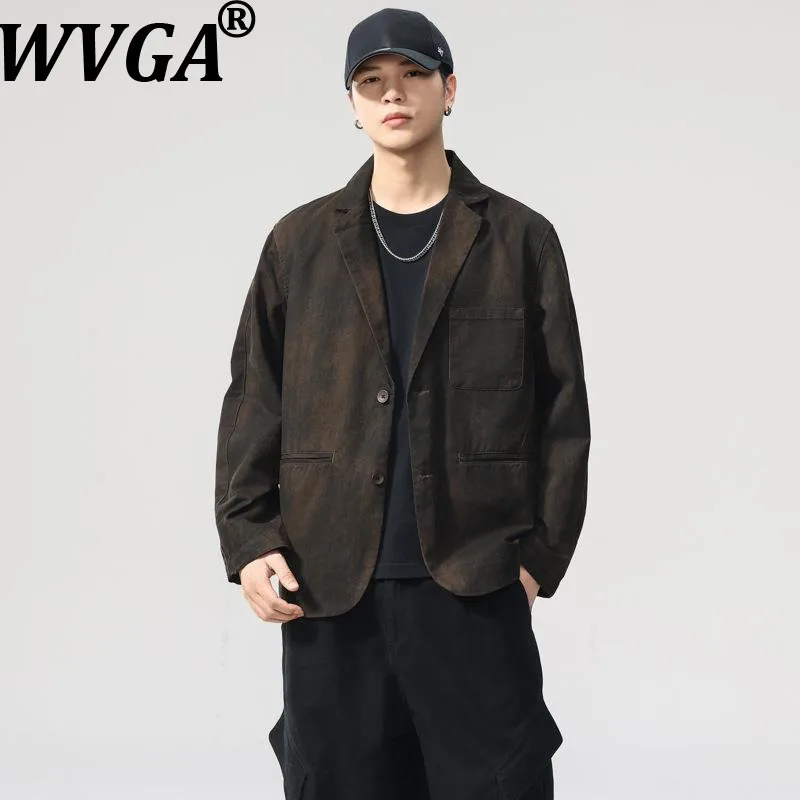

WVGA Spring Autumn New Men Tide American Style Vintage Distress Suit Jacket Niche Chic Casual Turn-Down Collar Blazer Ins W17291