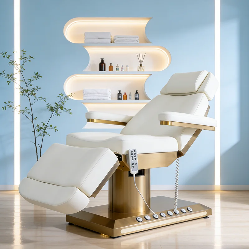 Deluxe White Spa Massage Bed with Gold Stainless Steel Base 4 Motor Electric Adjustable for Lash Extension And Beauty Treatments