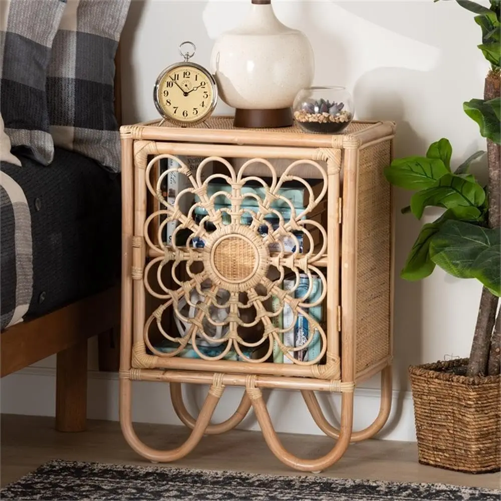 Modern Bohemian Rattan Nightstand with Drawer Storage, Bedroom Bedside Table Natural Brown Finish, Customized