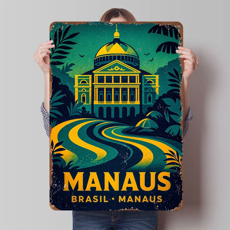 Pôster de Arte em Lata Personalizado de Viagem a Manaus, Brasil, Placas de Metal Vintage para Decoração de Casa e Ornamentação de Ambientes