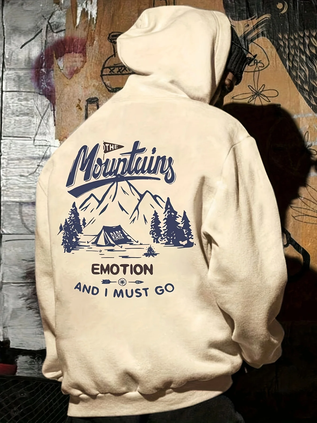 Outdoor camping men's hooded sweater with mountain and forest tent scenery print, kangaroo pocket pullover hoodie sweater
