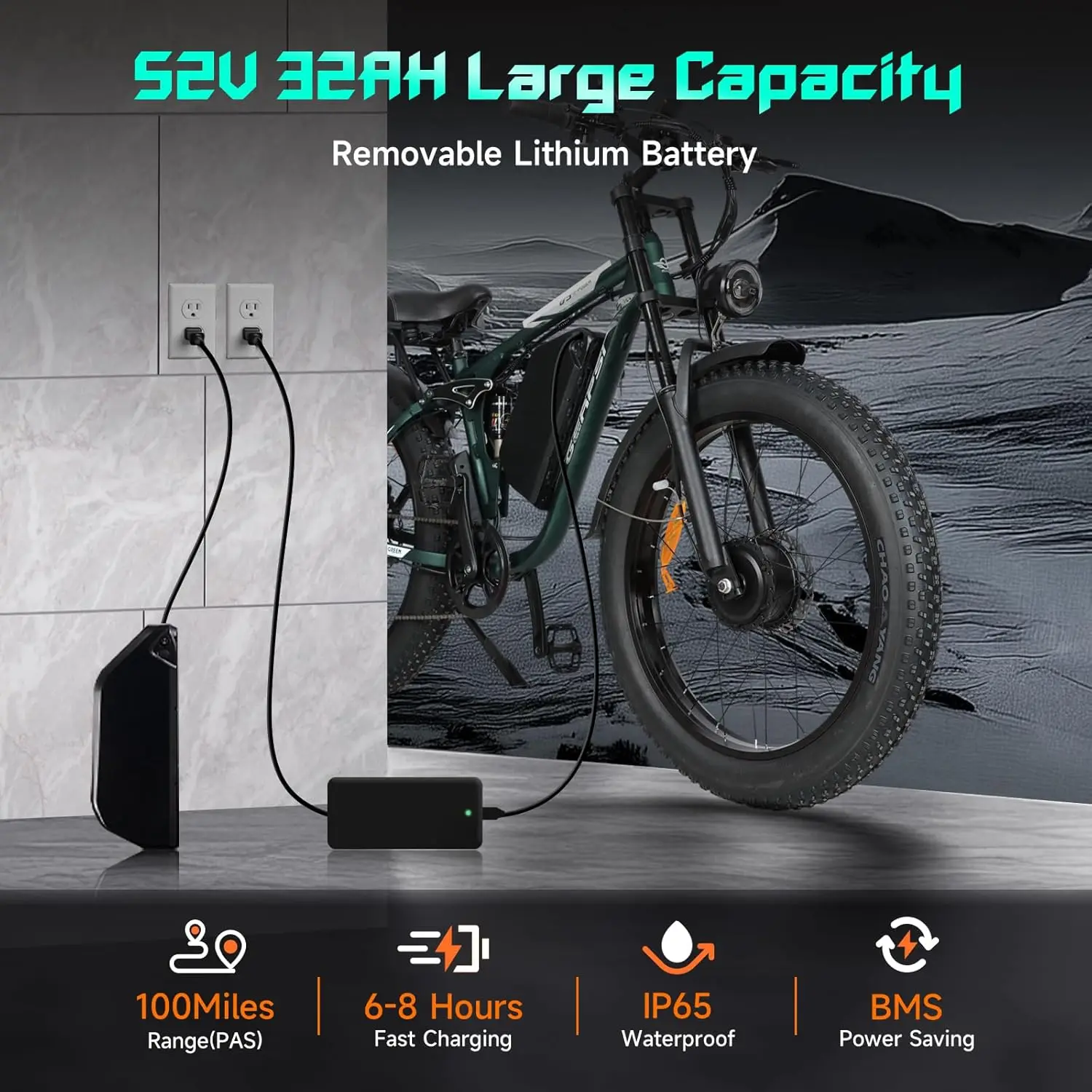 【1-летняя гарантия】Электрический велосипед для взрослых BAOLUJIE 2603, 3000 Вт, 35 миль в час, съемный аккумулятор 52 В, 32 Ач, электрический велосипед 26 дюймов, электрический велосипед