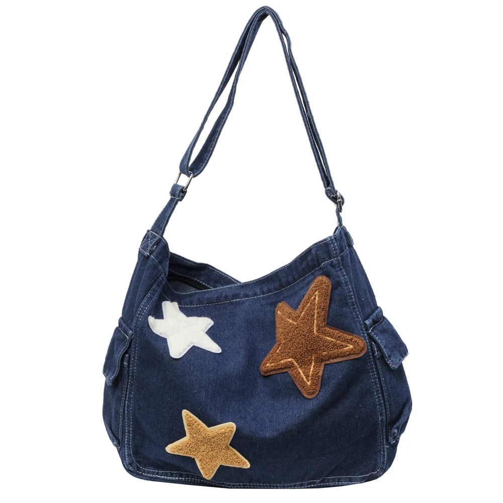 Star Denim Shoulder Bag Large Capacity Trendy Crossbody Bag with Zipper Adjustable Strap Fashion Handbag Multi Pocket for Women