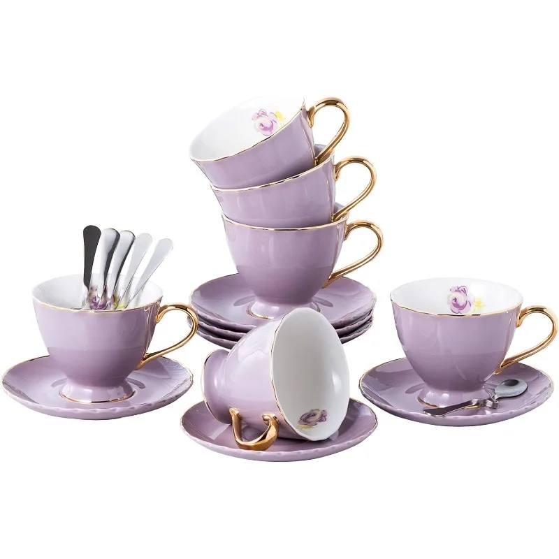 

Фарфоровая чашка для чая и блюдце Набор кофейных чашек с блюдцем и ложкой Набор из 6 штук (FD-TCS02 фиолетовый (6), 7 унций)