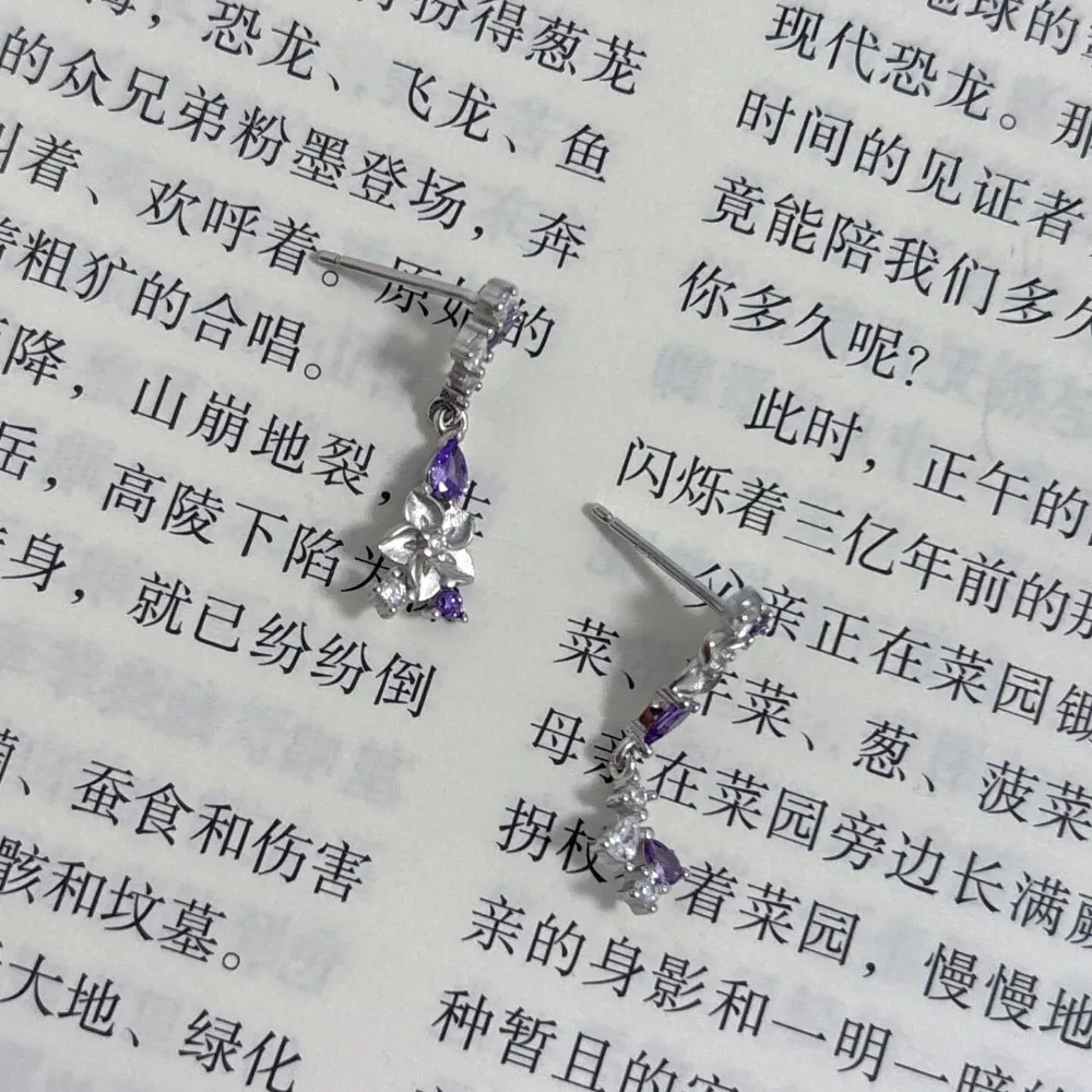 Luxury Temperament Shining Purple Droplet Zircon Flower 925 Sterling Silver Wisteria Flower Stud Earrings for Women Jewelry Gift