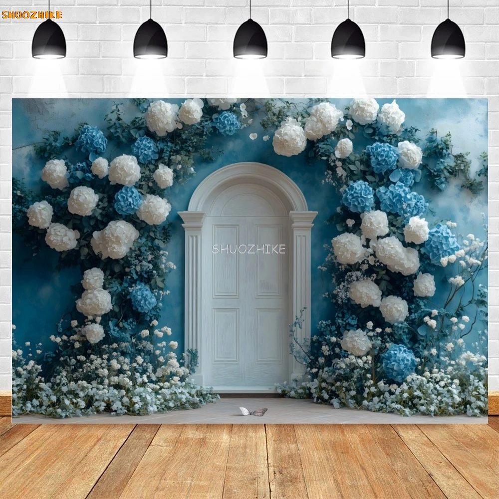 Blauer Farbverlauf, abstrakte Blumen, Bogen-Hintergrund für Kinder und Erwachsene, Kunstporträt, Hochzeit, Geburtstag, Party, Dekoration, Babyparty, Fotohintergrund