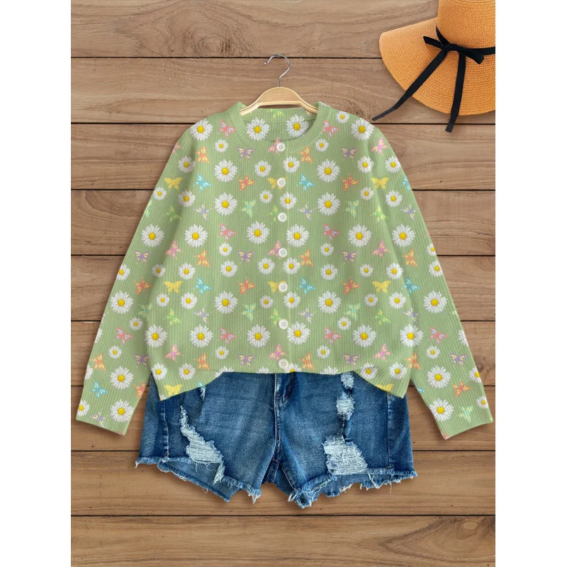 

Cartoon Chrysanthemums Butterflies Print Sweater,Women's Autumn Sweater Cardigan, Soft Knit, Long Sleeve, Round Neck, Warm Loose