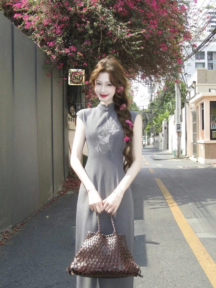 

New Chinese Sle Embroidered Slimming Svel Qipao Dr Women's Summer Faionable Commute Waist Cinched Midi Skirt