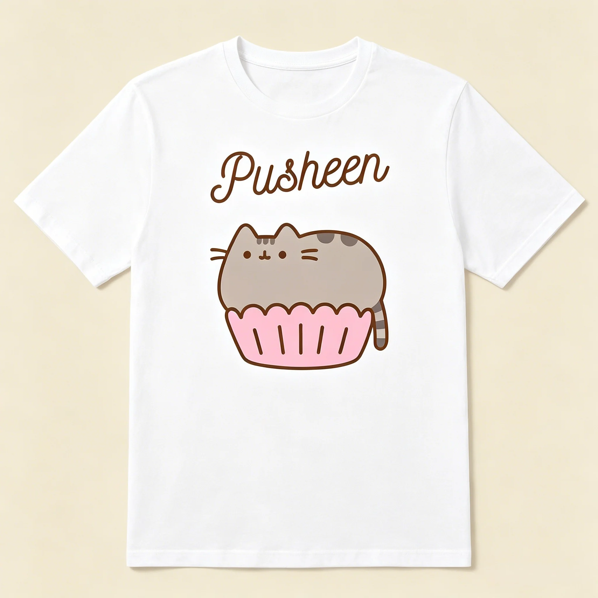 Pusheen Cat Pure Cotton T-Shirt Cat Pattern Printed Clothing 2026 Summer Extra Large Men's Women's Street Clothing Y2k Style
