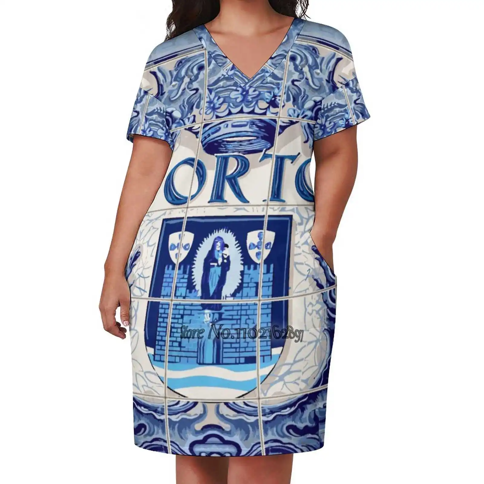 Portugal Porto Azulejo Azulejos Lapis Loose V-Neck Skirt Sexy Short Sleeve Skirt Loose A-Line Dress Light And Breathable Dress