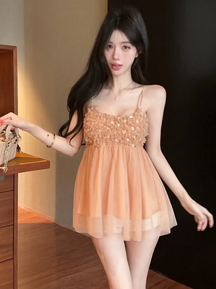 

Sweet Feminine 3D Floral Lace Strap Vest Women Summer Outerwear Slimming Unique Beautiful Top Korean Style Knitted mid Waist