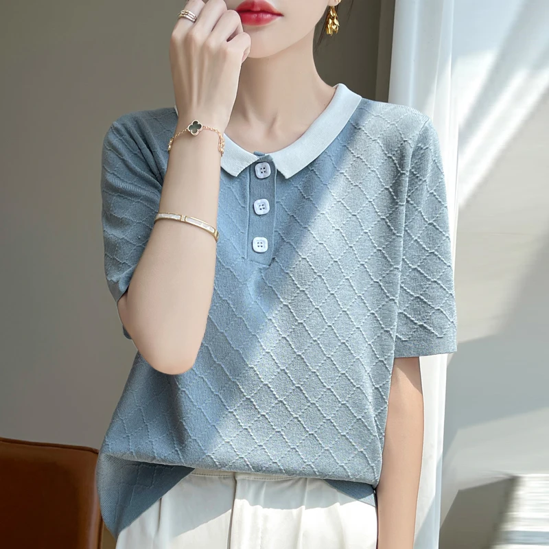 Slimming Effect Knitted Half Sleeve Women's  Shirt  Lyocell Top Color Block Design Casual Fashion Summer Wear