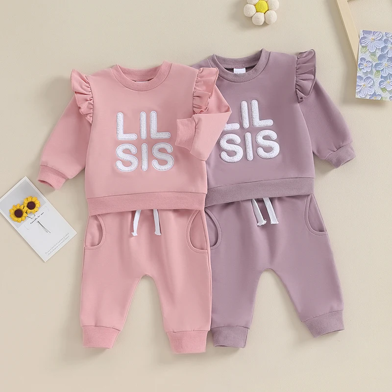 

2023-10-17 Lioraitiin 0-18M Newborn Baby Girl Outfits Ruffled Long Sleeve Fuzzy Letter Embroidery Sweatshirt +Pant Clothes Set