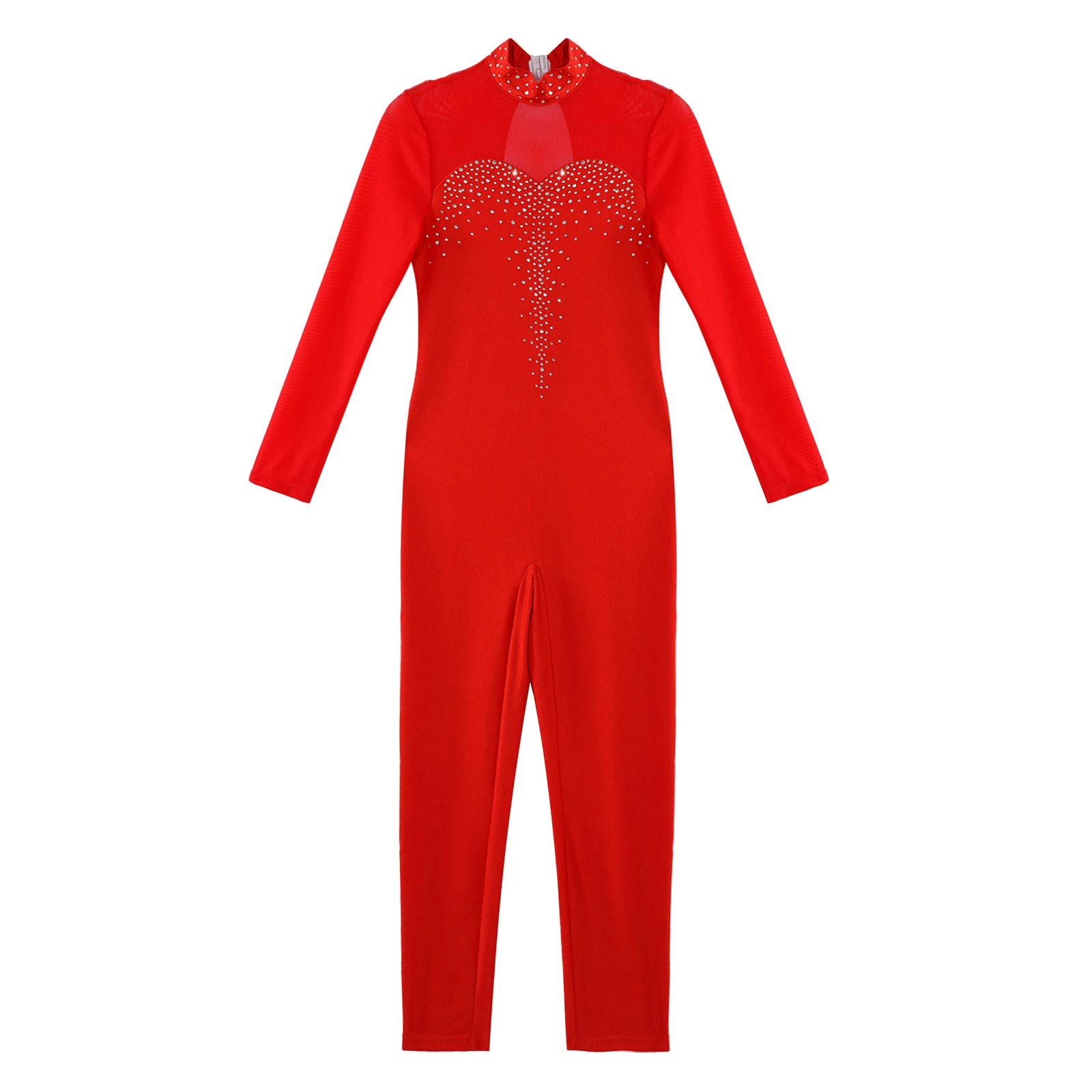 Girl's Sparkling Rhinestone Gymnastics Jumpsuit Long Sleeve Mesh Ballet Dance Unitards Rompers for Figure Skating Stage Costume